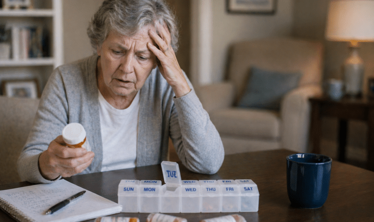 Senior woman struggling to manage multiple medications at home, a common sign it may be time for assisted living