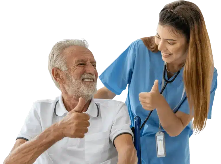 Happy senior resident and caregiver both giving thumbs up, showing satisfaction with elite personalized care at Lakeway Copperleaf Homestead assisted living
