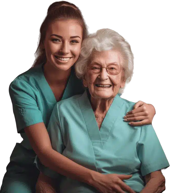 Friendly caregiver and happy senior resident at Lakeway Copperleaf Homestead assisted living — contact us to schedule a tour in Lakeway, TX