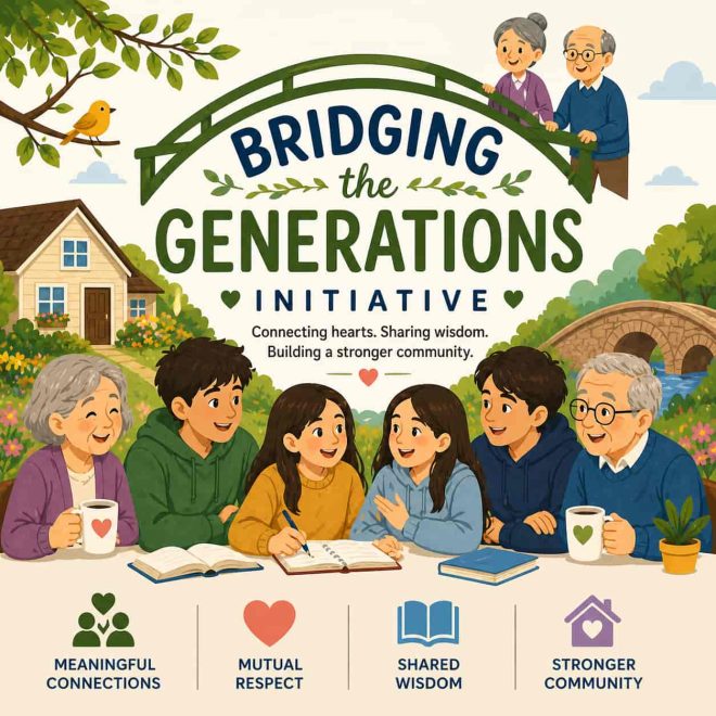 Young volunteers and senior residents sitting together at a table, sharing conversation and stories as part of the Bridging Generations Initiative at Lakeway Copperleaf Homestead Assisted Living